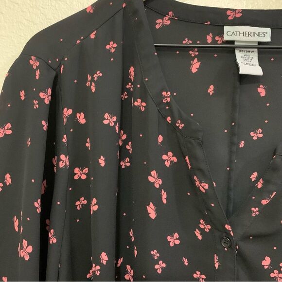 CATHERINES Simi Sheer Blouse Women’s 3X Black Pink Butterfly V Neck Button Up. - Picture 3 of 11